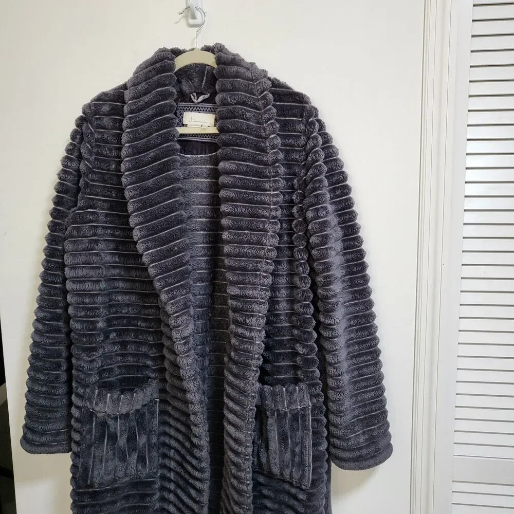 ANTHROPOLOGIE Mariposa Robe Womens M/L Charcoal Velvet Tie Faux Fur Plush Cozy - Picture 4 of 8